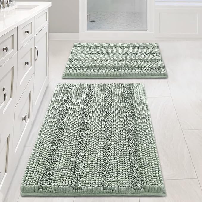 H.VERSAILTEX Sage Bathroom Rugs Set of 2 – Extra Thick Chenille Bath Mats with Striped Pattern – Non-Skid, Super Absorbent & Machine Washable – Bathroom Floor Mats (32"x20" + 24"x17")