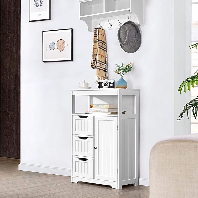 Yaheetech Bathroom Floor Cabinet – Wooden Storage Organizer with Door and 3 Drawers, Adjustable Shelf, Free-Standing Cupboard for Bathroom, Kitchen, or Living Room Use, White
