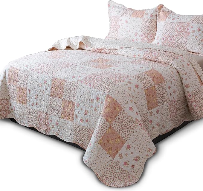 KASENTEX Twin Size Lightweight Floral Patchwork Comforter Set – 3-Piece Country Chic Microfiber Bedding, Soft & Breathable, Rose Garden Vintage Design – 213 x 172 cm