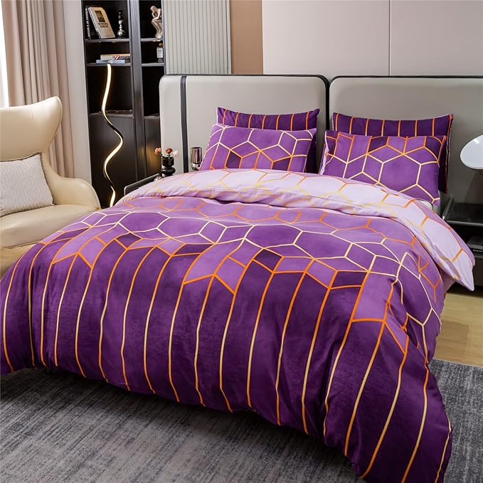 Shamdon Home Collection Duvet Cover Set – 200x200 cm Fluffy Microfiber Bedding with Zipper, Reversible Geometric Pattern – 3-Piece Set with 2 Pillowcases 80x80 cm, Purple