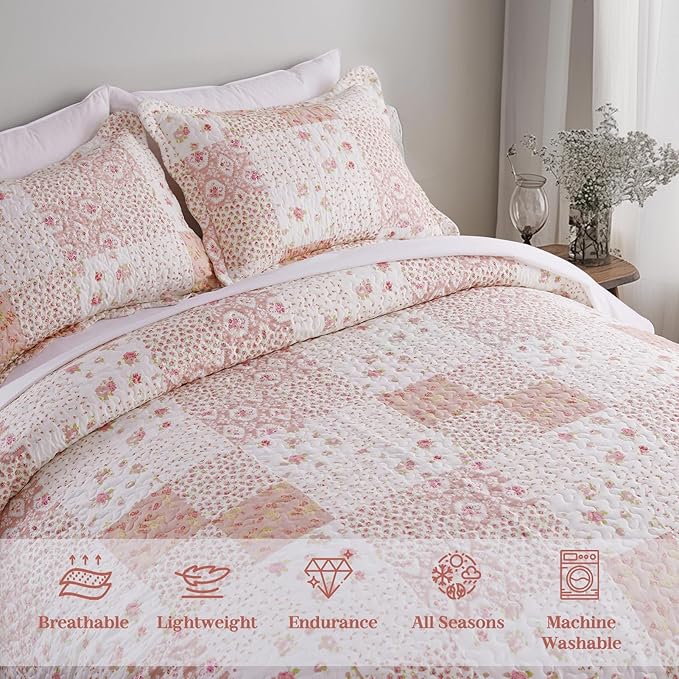 KASENTEX Twin Size Lightweight Floral Patchwork Comforter Set – 3-Piece Country Chic Microfiber Bedding, Soft & Breathable, Rose Garden Vintage Design – 213 x 172 cm