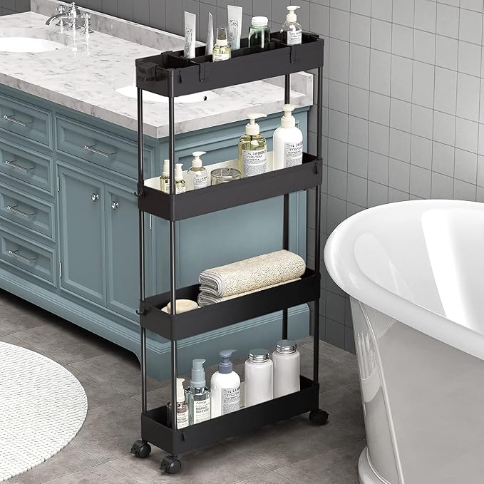 SPACELEAD Slim Storage Cart, 4-Tier Rolling Utility Organizer with Wheels – Mobile Shelving Unit for Bathroom, Kitchen, Laundry & Narrow Spaces – Black