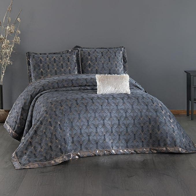 Luxury Jacquard Double Bedspread Set – 260x260 cm Charcoal Grey Bedding with 2 Oxford Pillowcases & Feather-Filled Decorative Cushion, Wrinkle-Resistant Elegant Hotel-Style Bedding