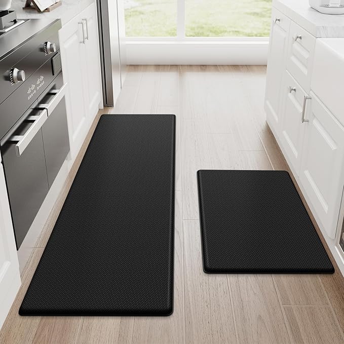 StepRite 2-Piece Anti-Fatigue Kitchen Mat Set – Cushioned, Non-Slip, Waterproof Floor Mats for Kitchen, Office, Standing Desk – Ergonomic Comfort – 17.3"x30" & 17.3"x47" – Black