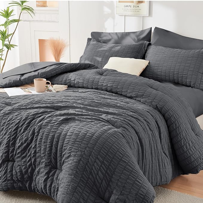 HYMOKEGE 7-Piece Queen Comforter Set – Seersucker All-Season Bed in a Bag with Comforter, Sheets, Pillowcases & Shams, Deep Pocket Fitted Sheet, Dark Grey
