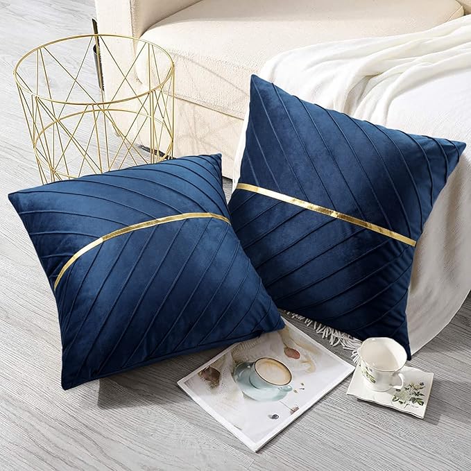 Velvet Cushion Covers 45 x 45 cm – Set of 2 Decorative Throw Pillow Covers with Gold Stripe, Soft Modern Velvet Pillowcases with Hidden Zipper for Sofa, Living Room, Bedroom, Navy & Teal (No Inserts)