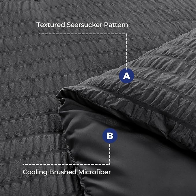 HYMOKEGE 7-Piece Queen Comforter Set – Seersucker All-Season Bed in a Bag with Comforter, Sheets, Pillowcases & Shams, Deep Pocket Fitted Sheet, Dark Grey