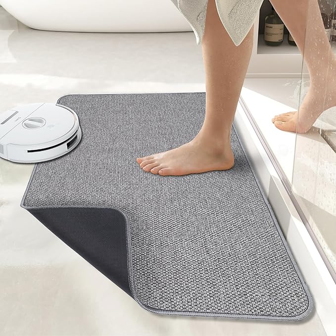 Ultra Thin Bath Mat for Bathroom – Quick Dry, Absorbent Terry Cloth Rug with Non-Slip Rubber Backing – Low Pile, Machine Washable Door-Fit Mat for Shower, Sink, and Entryway – Grey, 17"x27"