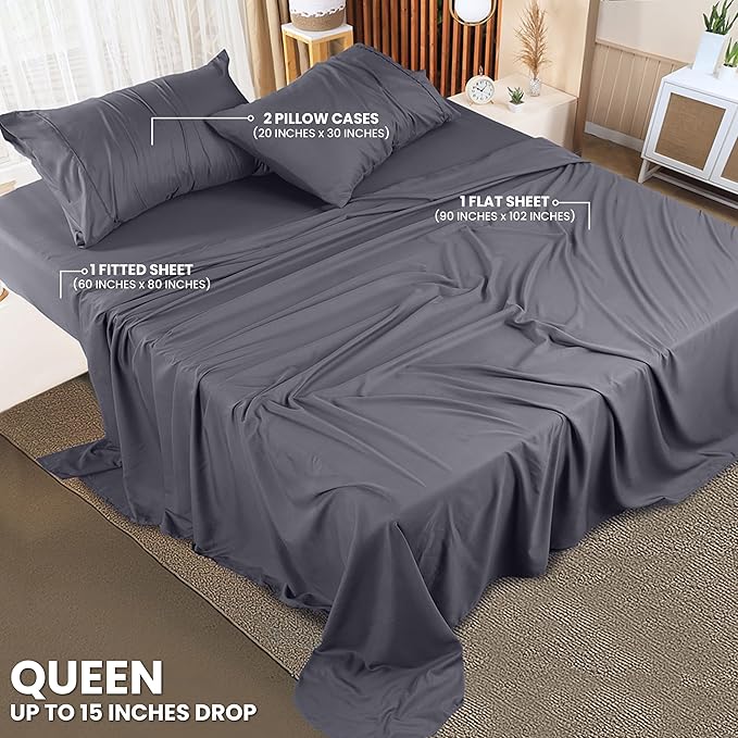 Utopia Bedding 4-Piece Queen Sheet Set – Soft Brushed Microfiber Bed Sheets with Deep Pocket Fitted Sheet and 2 Pillowcases, Grey