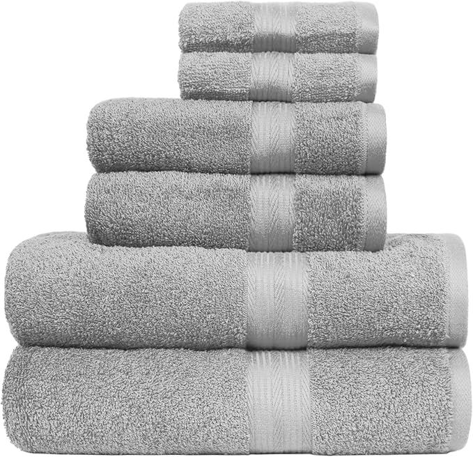 American Soft Linen 6-Piece Turkish Cotton Towel Set – 600 GSM Luxury Bath Towels, Ultra Soft, Quick Dry – Includes 2 Bath, 2 Hand, 2 Washcloths – Light Grey