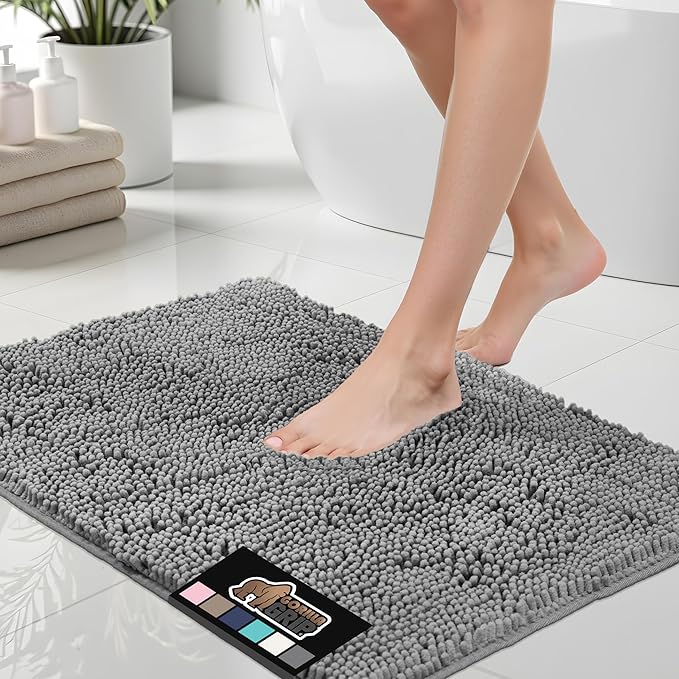 GORILLA GRIP Chenille Bath Rug – Soft, Thick & Ultra Absorbent Bathroom Mat, Quick Dry Microfiber with Textured Rubber Backing – Machine Washable Shower Floor Rug – 24" x 17", Grey