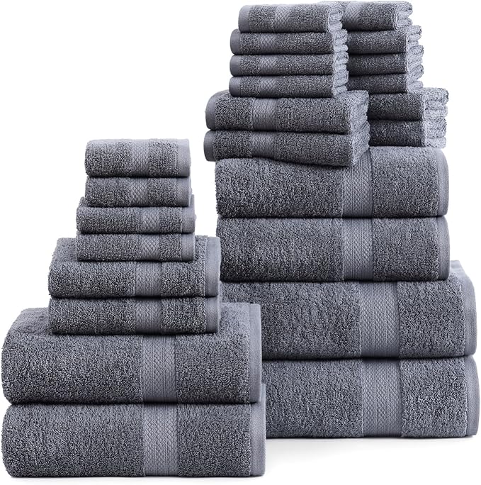 LANE LINEN 24-Piece 100% Cotton Bathroom Towel Set – Soft, Absorbent & Durable – Includes 2 Bath Sheets, 4 Bath Towels, 6 Hand Towels, 8 Washcloths & 4 Fingertip Towels – Cool Grey, OEKO-TEX Certified