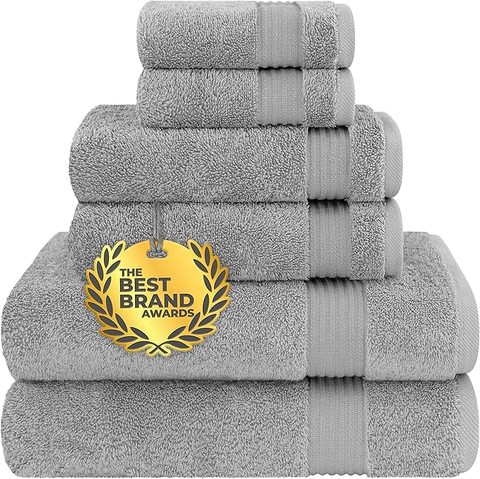 Cotton Paradise 6-Piece Turkish Towel Set – 100% Ringspun Cotton, Ultra Soft & Absorbent, 600 GSM Luxury Towels for Bathroom – 2 Bath Towels, 2 Hand Towels, 2 Washcloths – Light Gray