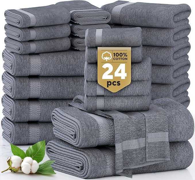LANE LINEN 24-Piece 100% Cotton Bathroom Towel Set – Soft, Absorbent & Durable – Includes 2 Bath Sheets, 4 Bath Towels, 6 Hand Towels, 8 Washcloths & 4 Fingertip Towels – Cool Grey, OEKO-TEX Certified