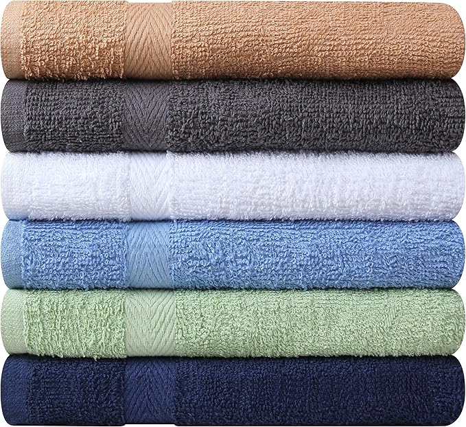 Towel and Linen Mart 6-Pack Bath Towel Set – 100% Cotton, Quick-Dry, Lightweight & Super Absorbent – 27x54 Inches – Soft & Durable – Multi-Color Pack: Navy, Grey, White, Beige, Sage Green, Sky Blue