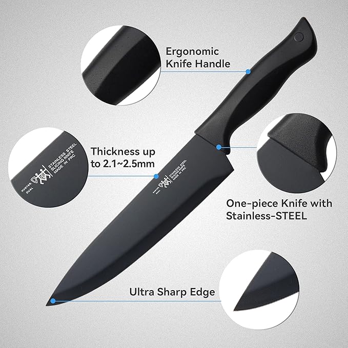 HUNTER.DUAL 15-Piece Kitchen Knife Set with Block & Built-in Sharpener – Self-Sharpening, Dishwasher Safe, Anti-Slip Handles – Stainless Steel Blades, Black