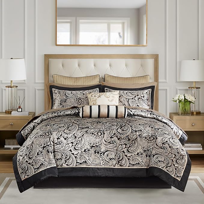 Madison Park 12-Piece Cal King Duvet Cover Set – Faux Silk Jacquard Paisley Bedding Set, Black Gold Luxury Comforter Set with Sheets & Decorative Pillows – Wrinkle-Resistant, Glossy Finish