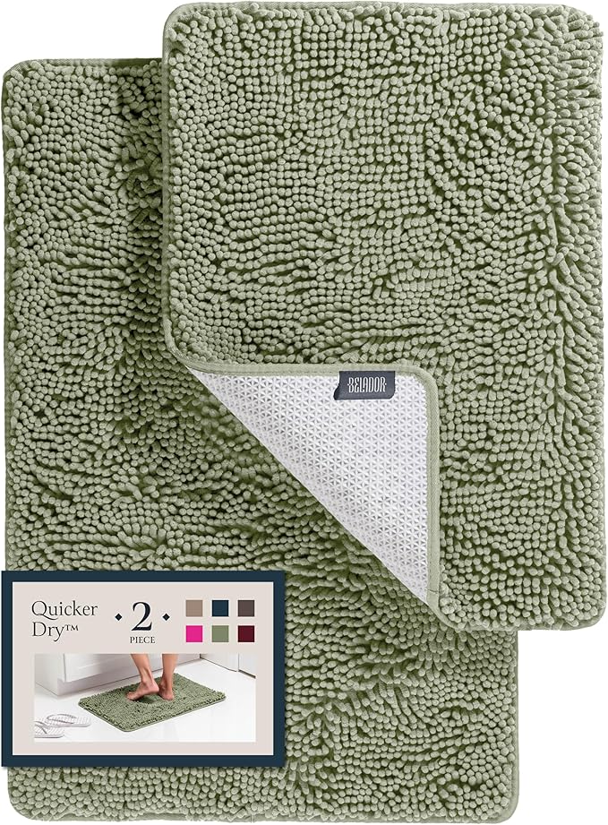 BELADOR 2-Piece Bathroom Rug Set – Plush Quick-Dry Chenille Bath Mats with Non-Slip Rubber Backing, Absorbent & Machine Washable Bathroom Rugs – Soft Shower Mat Set (24x17 + 30x20, Grey)