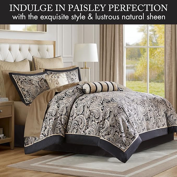 Madison Park 12-Piece Cal King Duvet Cover Set – Faux Silk Jacquard Paisley Bedding Set, Black Gold Luxury Comforter Set with Sheets & Decorative Pillows – Wrinkle-Resistant, Glossy Finish