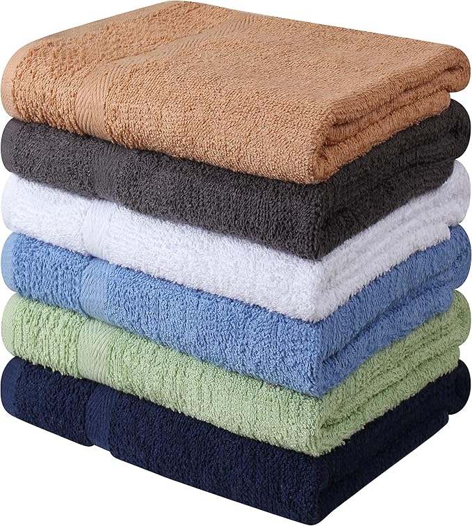 Towel and Linen Mart 6-Pack Bath Towel Set – 100% Cotton, Quick-Dry, Lightweight & Super Absorbent – 27x54 Inches – Soft & Durable – Multi-Color Pack: Navy, Grey, White, Beige, Sage Green, Sky Blue