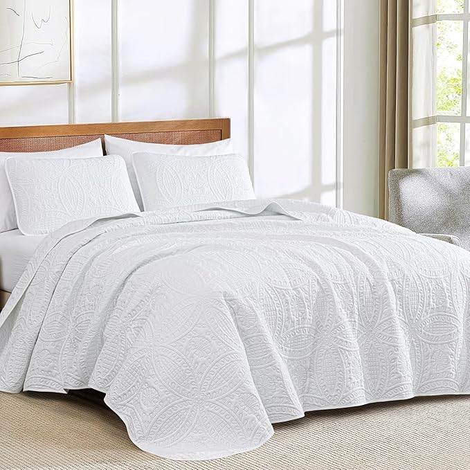 Chezmoi Collection Austin 3-Piece Oversized Duvet Cover Set – Queen Size, 100"x106" Lightweight Bedspread with 2 Pillow Shams, Pinsonic Quilted Design, Soft & Durable – White