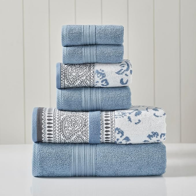 Modern Threads 6-Piece Cotton Towel Set – Ultra Soft & Absorbent, Includes 2 Bath Towels, 2 Hand Towels, 2 Washcloths – Yarn Dyed Jacquard/Solid – Ophelia Blue, OEKO-TEX Certified