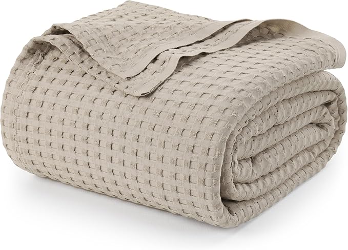 Utopia Bedding 100% Cotton Waffle Blanket – 228x228 cm Khaki, 300 GSM Lightweight & Breathable All-Season Blanket for Bed or Sofa, Soft Textured Throw for Home, Travel & Office