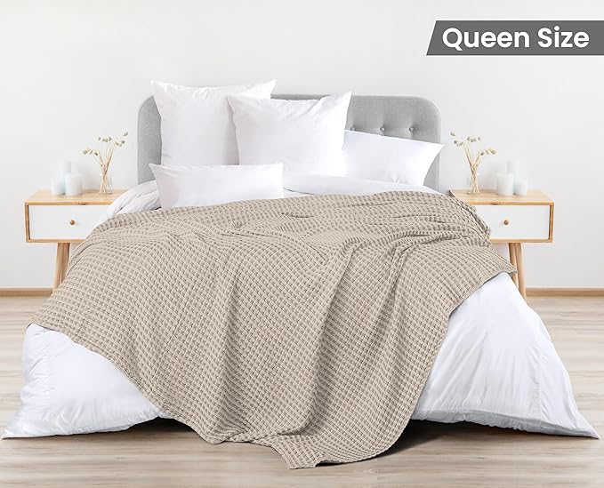 Utopia Bedding 100% Cotton Waffle Blanket – 228x228 cm Khaki, 300 GSM Lightweight & Breathable All-Season Blanket for Bed or Sofa, Soft Textured Throw for Home, Travel & Office