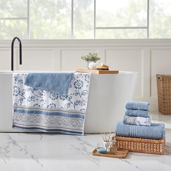 Modern Threads 6-Piece Cotton Towel Set – Ultra Soft & Absorbent, Includes 2 Bath Towels, 2 Hand Towels, 2 Washcloths – Yarn Dyed Jacquard/Solid – Ophelia Blue, OEKO-TEX Certified